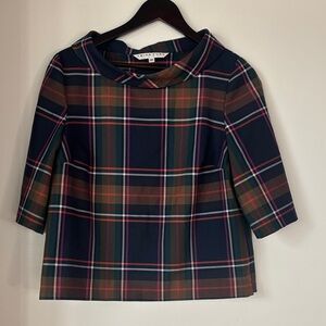Trina Turk Kailee Navy Green Plaid Scoop Neck Blouse